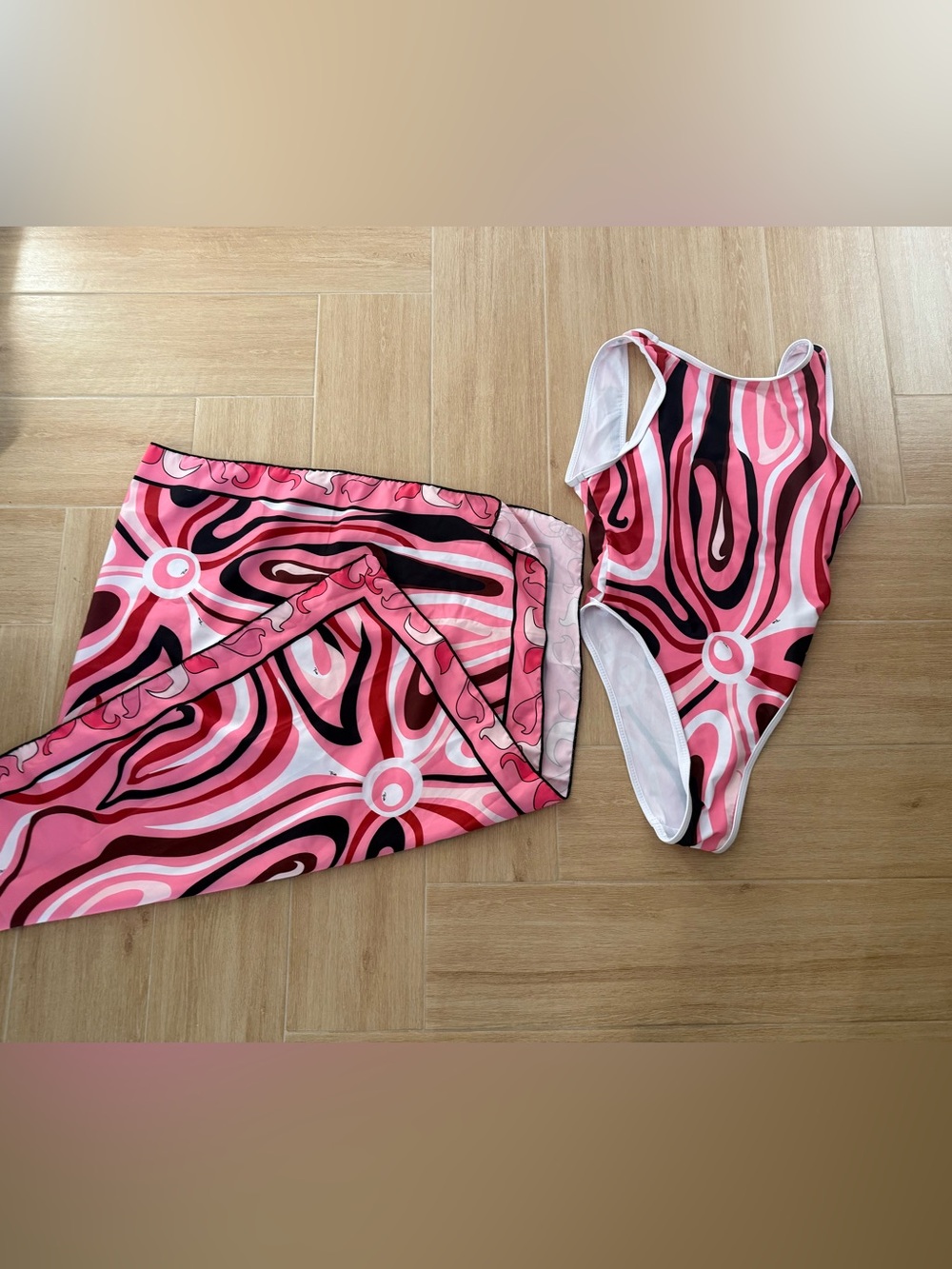 Pink and Black Abstract Swirl One-Piece with Matching Sarong